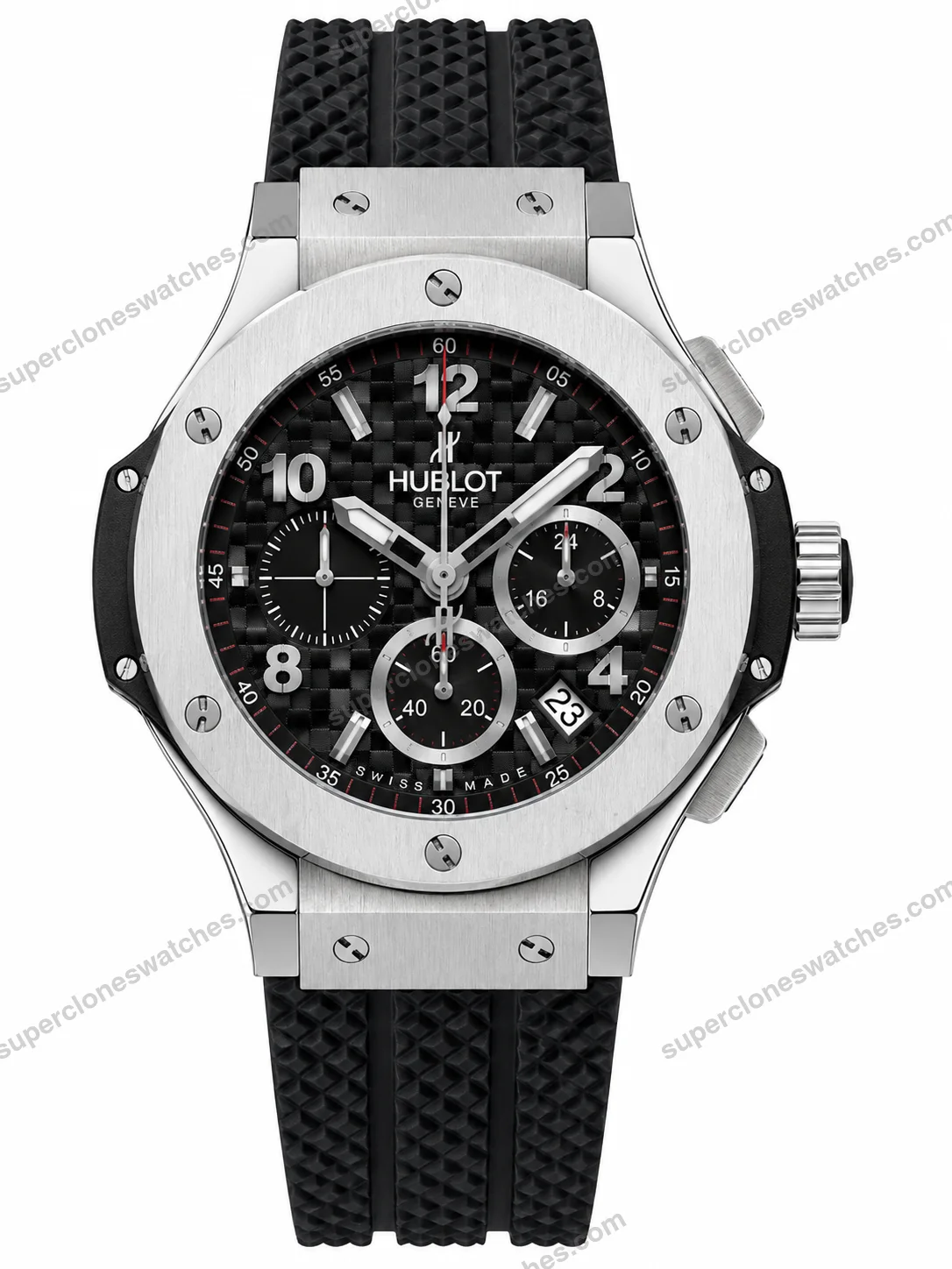 Super-Clone-Hublot-Big-Bang-Silver-Black-Carbon-Dial-Rubber-Strap