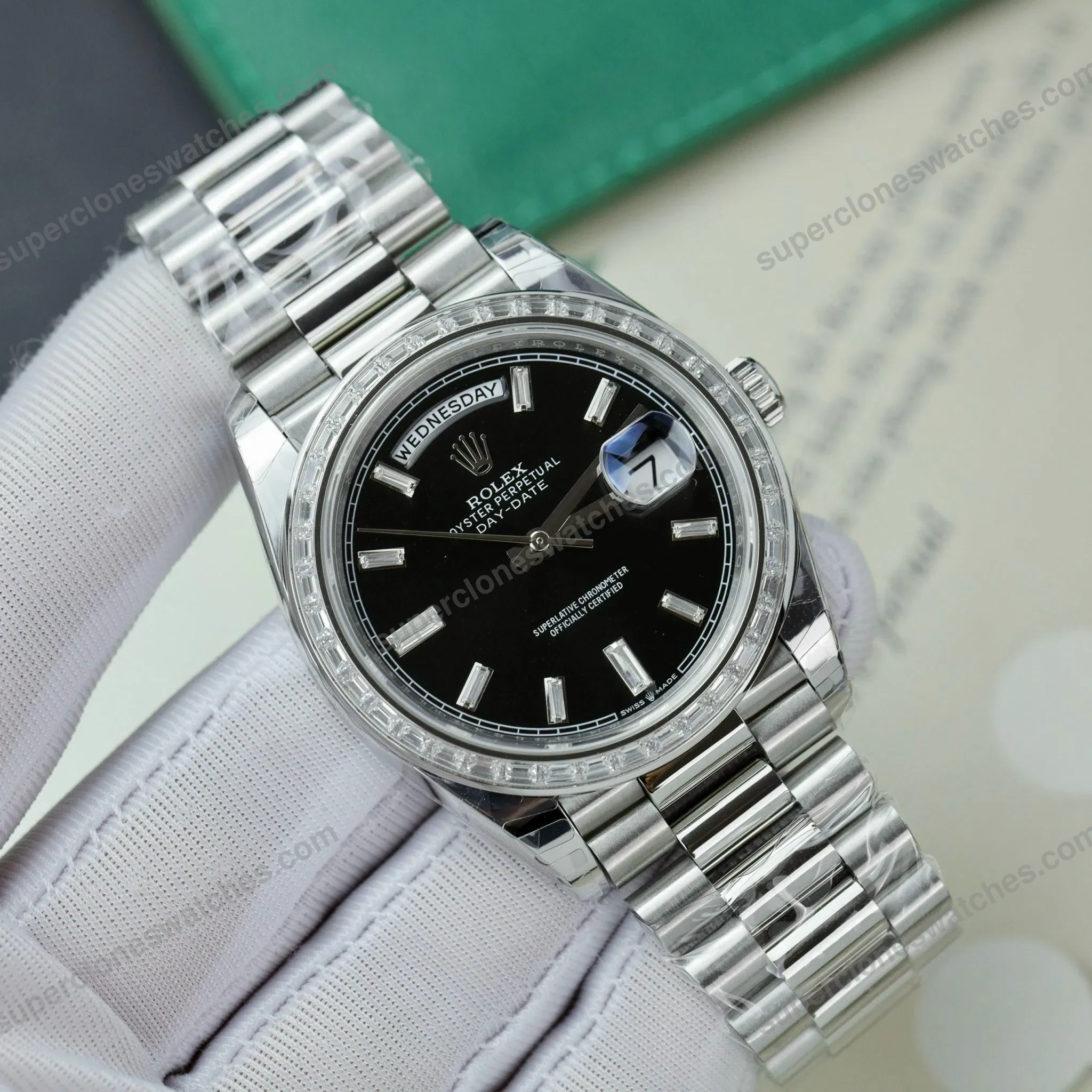 Super-Clone-Rolex-Day-Date-Bright-Black-Diamond-Dial-228396tbr-0012-40-mm-2