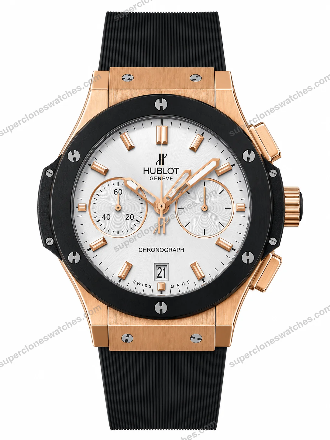 Super-Clone-Hublot-Big-Bang-Rose-Gold-White-Dial-Chronograph-Rubber-Strap