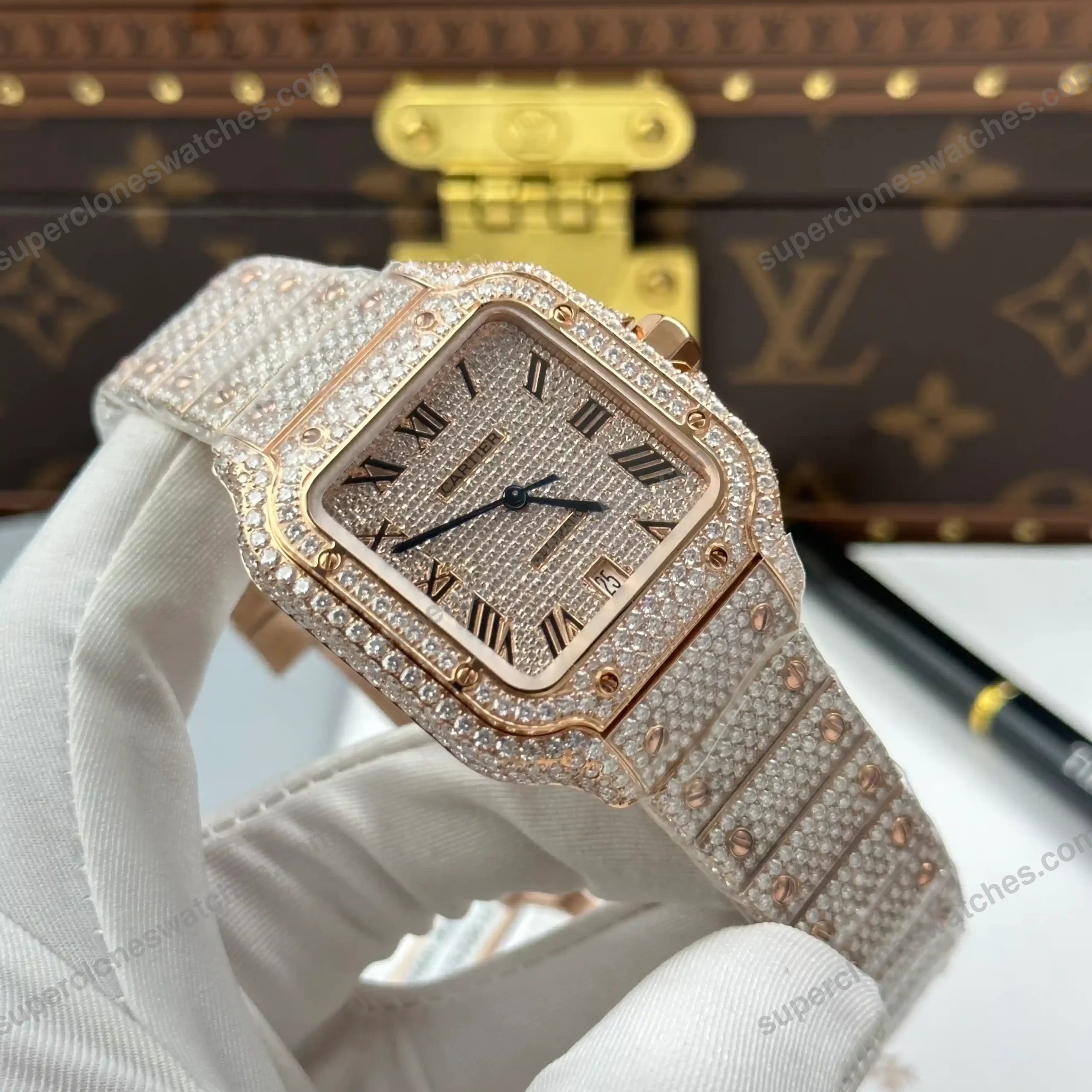 Super-Clone-Cartier-Santos-de-Cartie-Larger-Full-Diamond-Rose-Gold-39.8mm-–-Ha-4