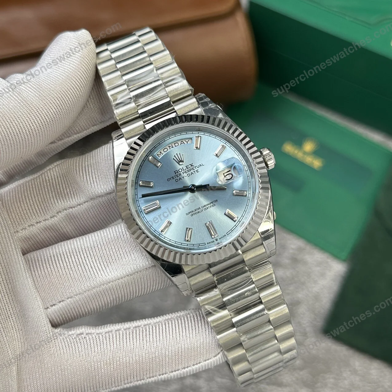 Super-Clone-Rolex-Day-Date-Ice-Blue-Diamond-Dial-228236-0006-40-mm-3