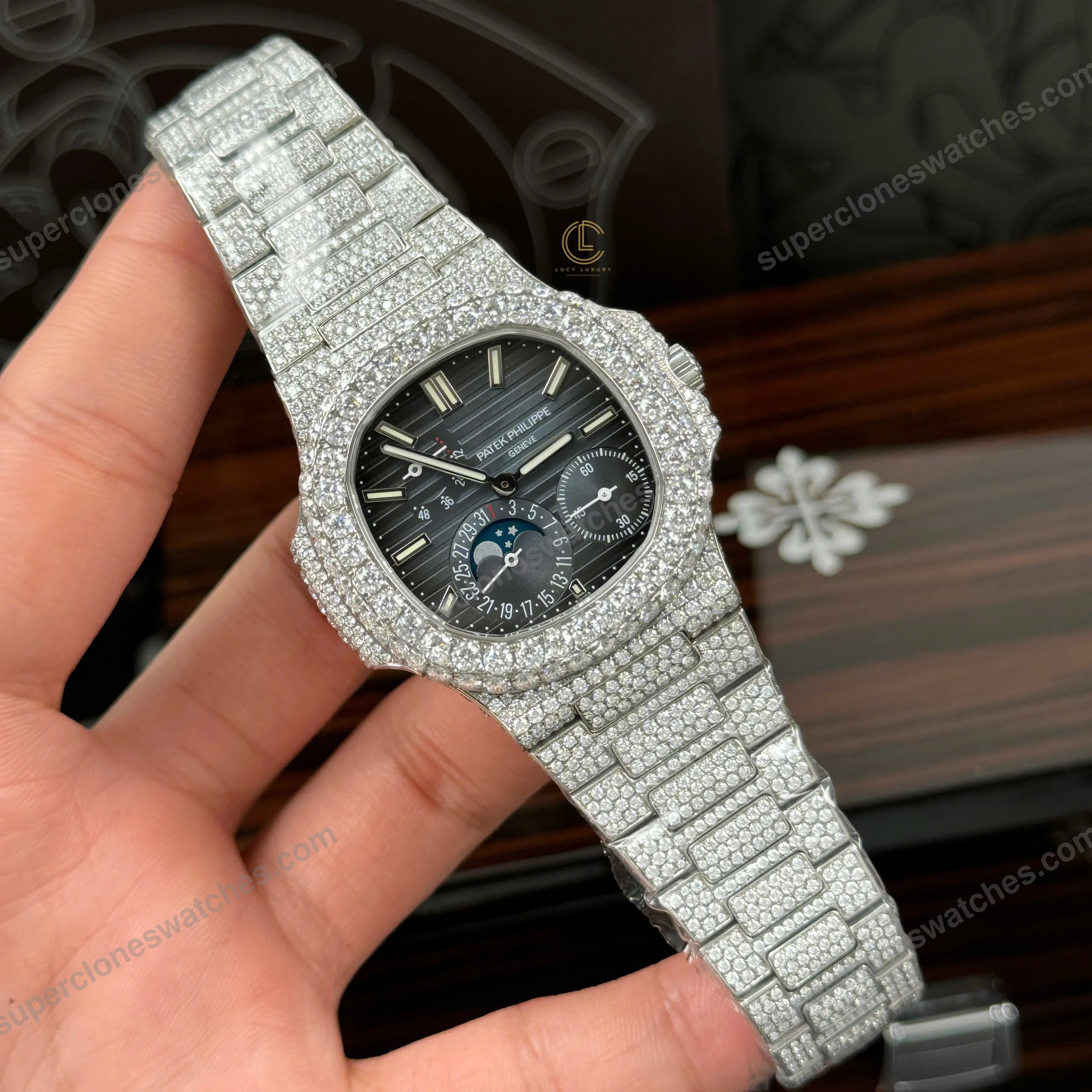 Super-Clone-Patek-Philippe-Nautilus-57121A-40mm-Blue-Dial-Full-Moissanite-Hongk-2
