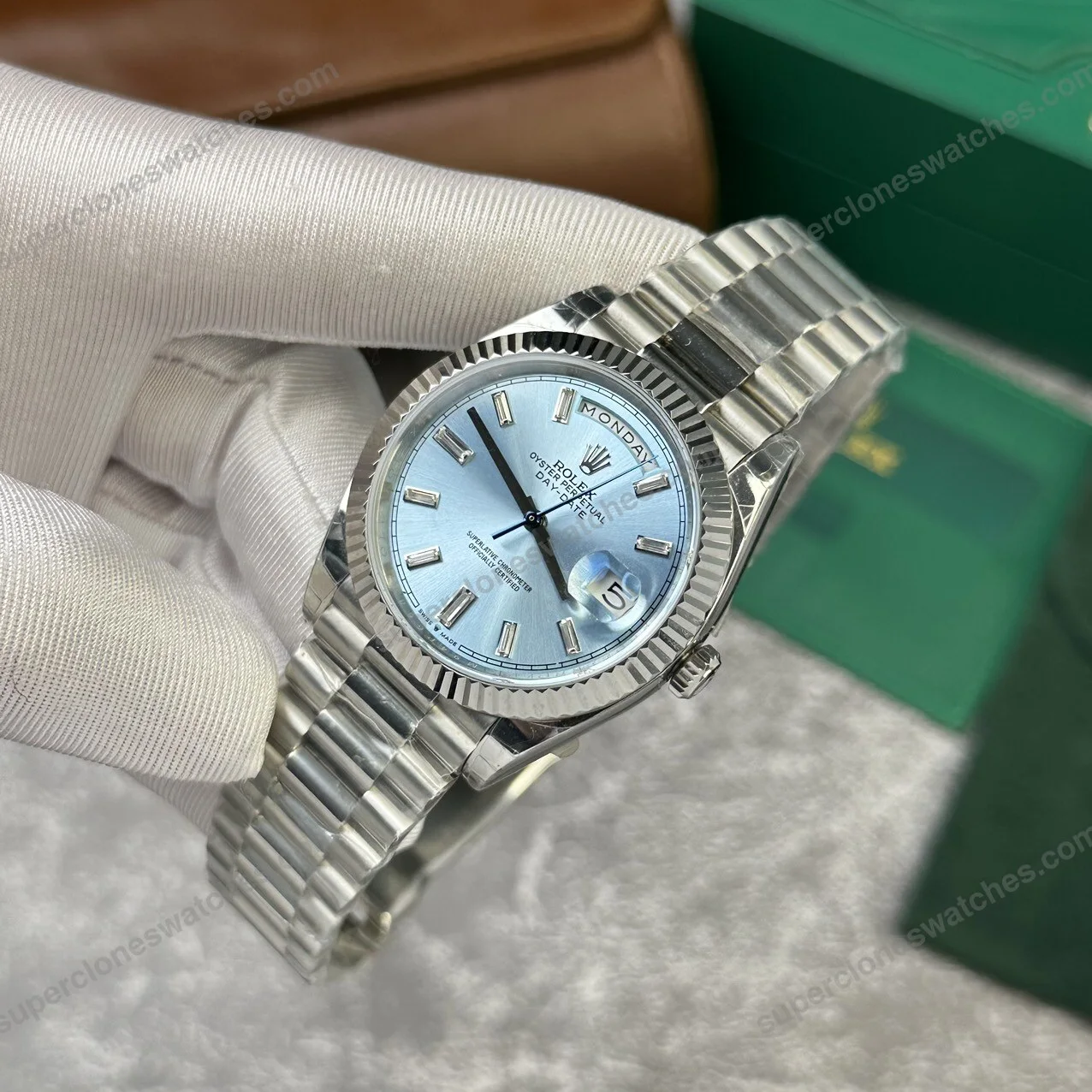 Super-Clone-Rolex-Day-Date-Ice-Blue-Diamond-Dial-228236-0006-40-mm-4