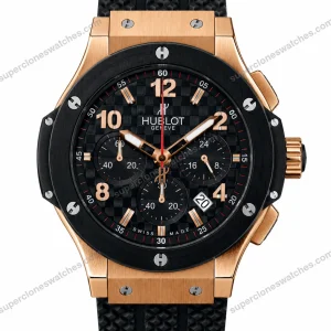 Super-Clone-Hublot-Big-Bang-Rose-Gold-Black-Carbon-Dial-Chronograph-Rubber-Strap