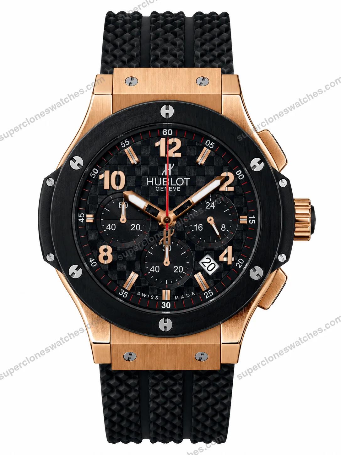 Super-Clone-Hublot-Big-Bang-Rose-Gold-Black-Carbon-Dial-Chronograph-Rubber-Strap
