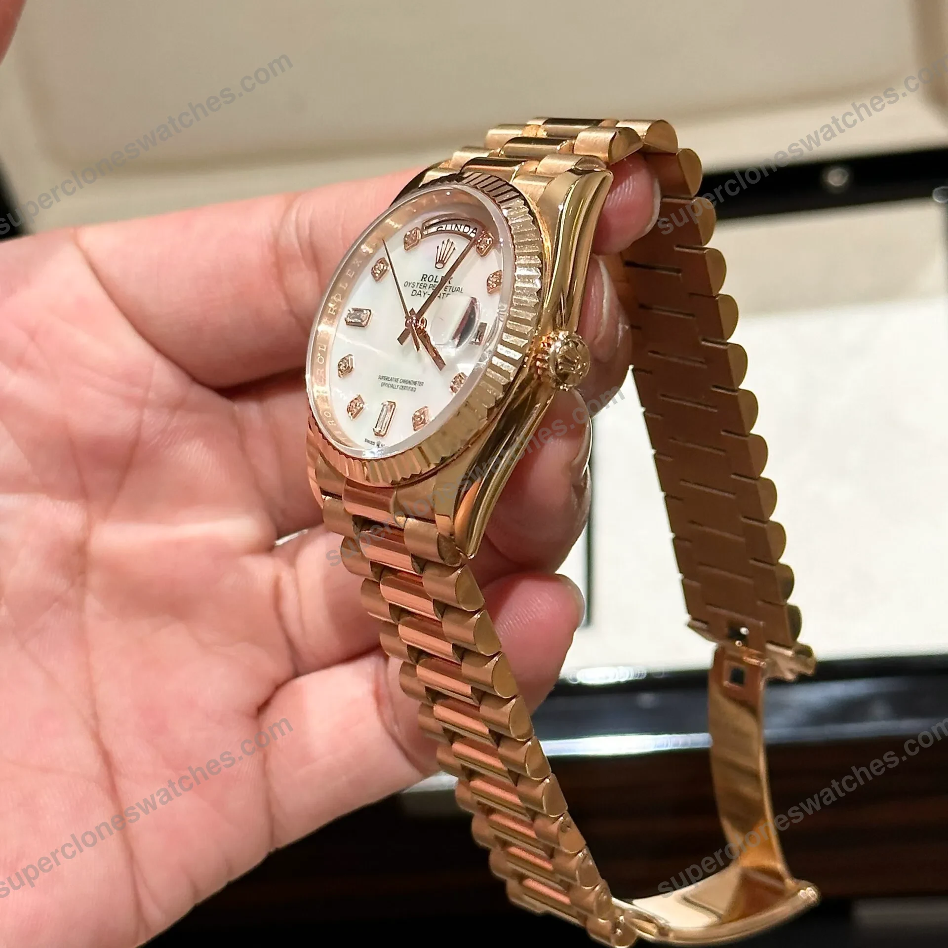Super-Clone-Rolex-Day-Date-White-Mother-of-Pearl-Diamond-Dial-128235-0029-36-mm-6