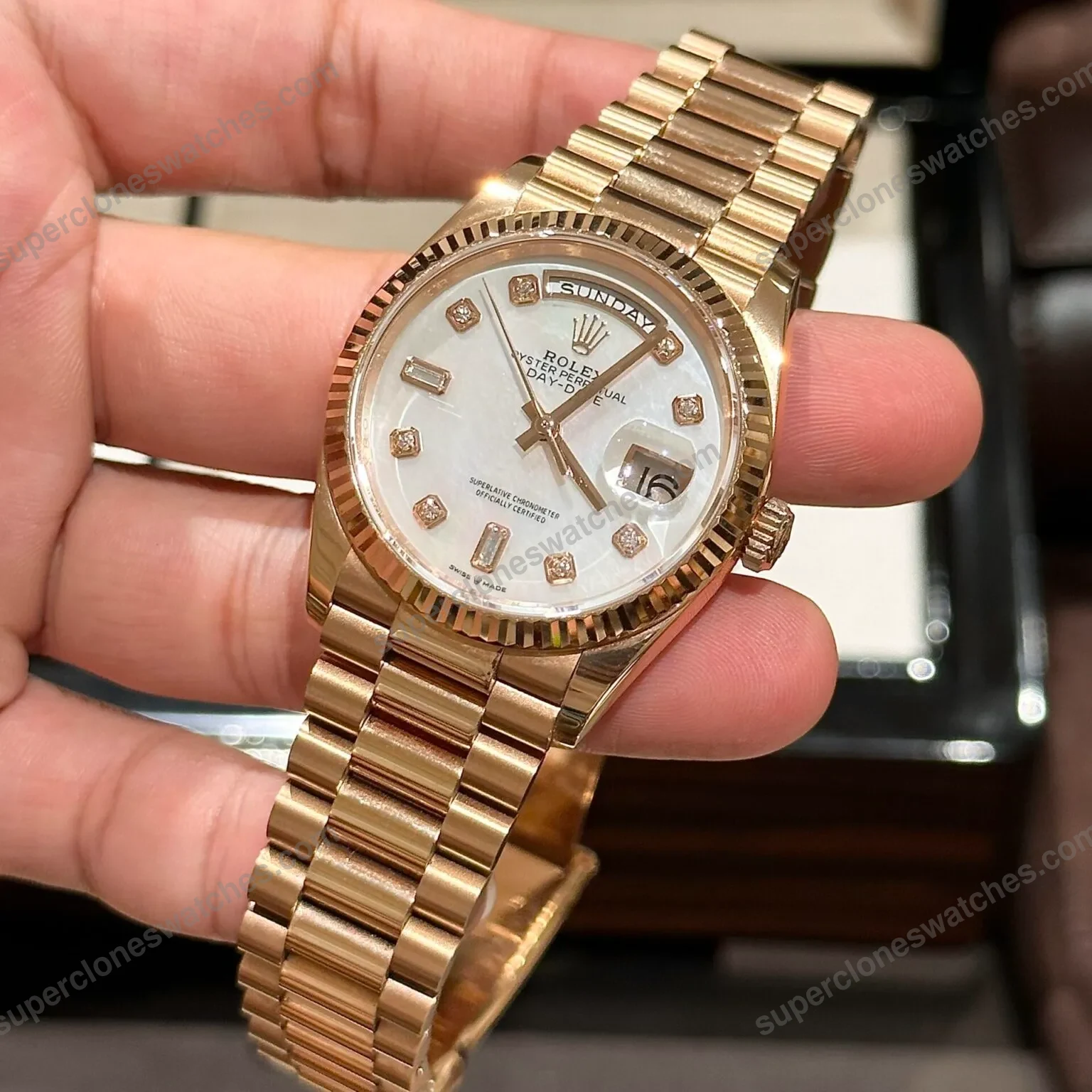 Super-Clone-Rolex-Day-Date-White-Mother-of-Pearl-Diamond-Dial-128235-0029-36-mm-3