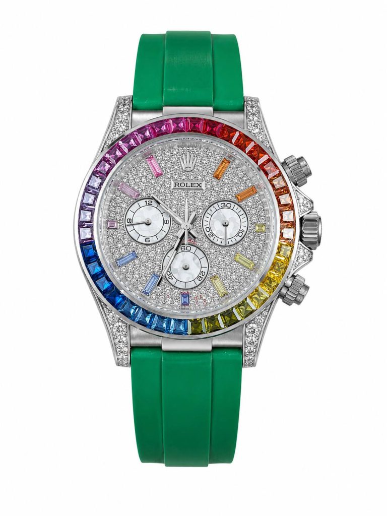 Super Clone Rolex Daytona Rainbow Silver Diamond Dial Oysterflex Green Strap