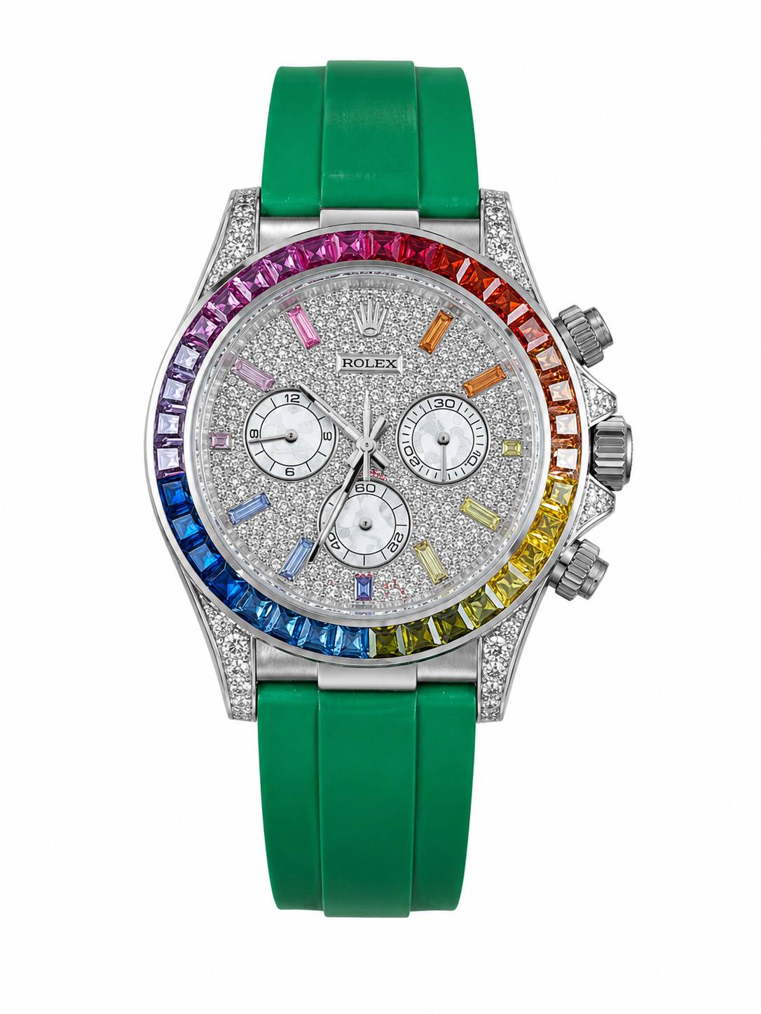 Super Clone Rolex Daytona Rainbow Silver Diamond Dial Oysterflex Green Strap