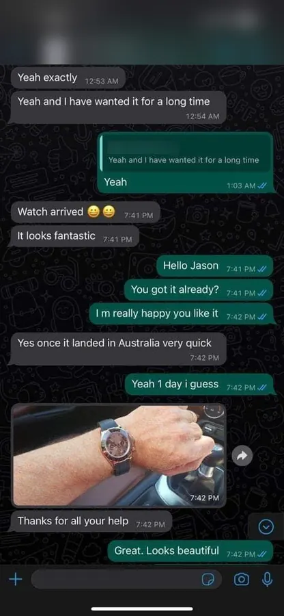 Customer message: Watch arrived. It looks fantastic.