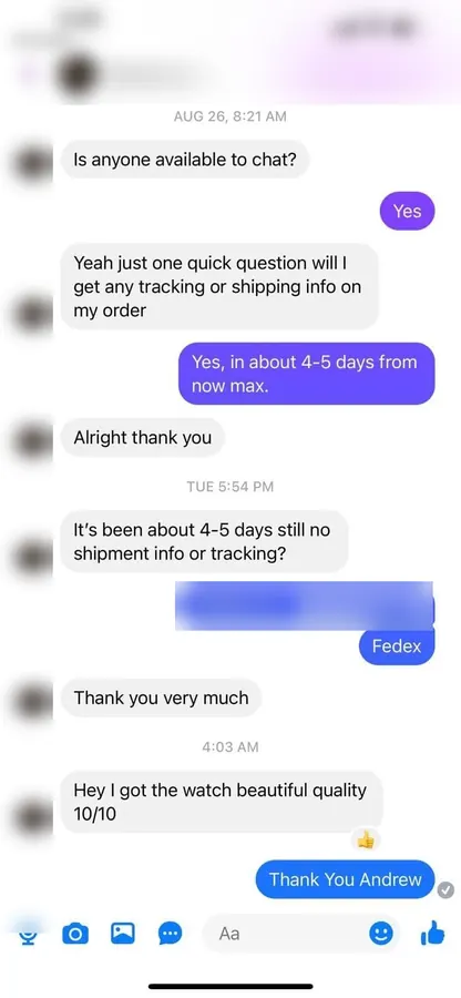 Customer message: Got the watch — beautiful quality, 10/10.