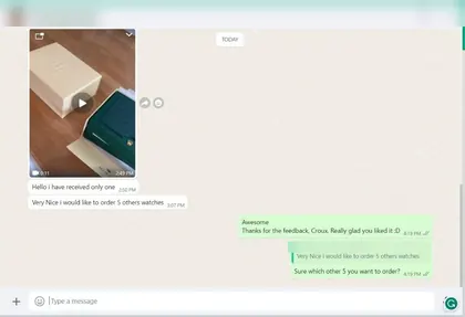 Customer message: Very nice — I would like to order 5 other watches.
